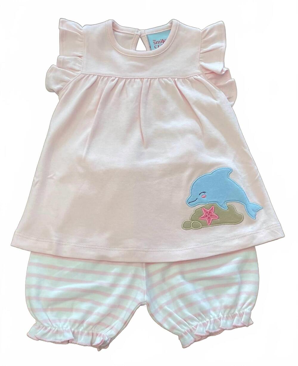 NEW THE SMILEY CRAB kid's dolphin applique bloomer set in light pink